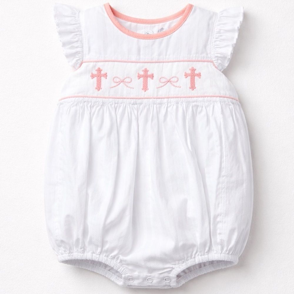 The Bella Bean White cotton Smocked bubble with pink bows and crosses embroidery
